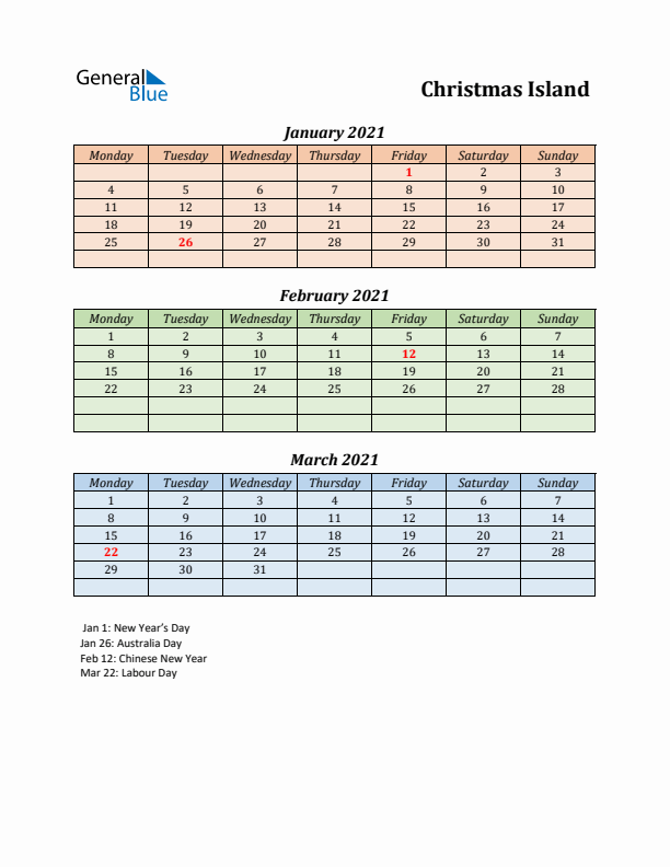 Q1 2021 Holiday Calendar - Christmas Island