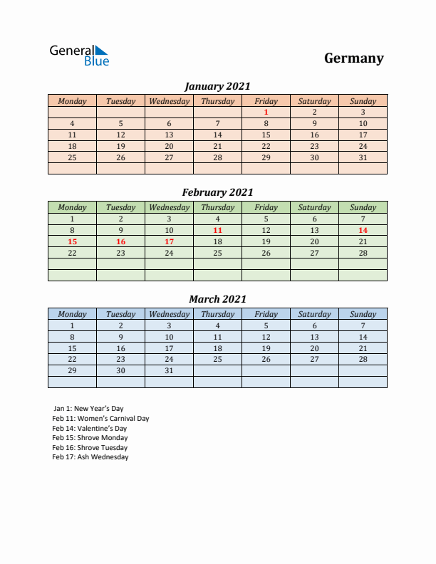 Q1 2021 Holiday Calendar - Germany