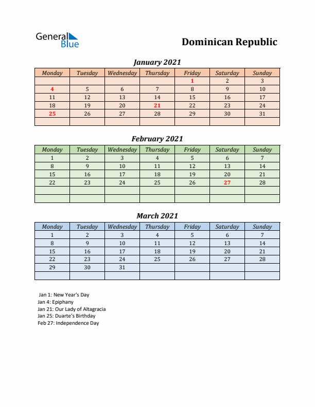 Q1 2021 Holiday Calendar - Dominican Republic