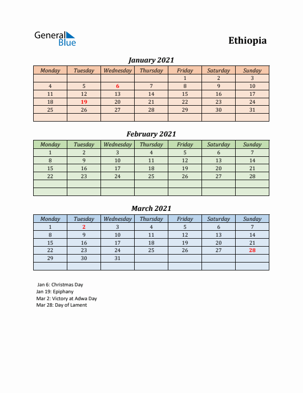 Q1 2021 Holiday Calendar - Ethiopia