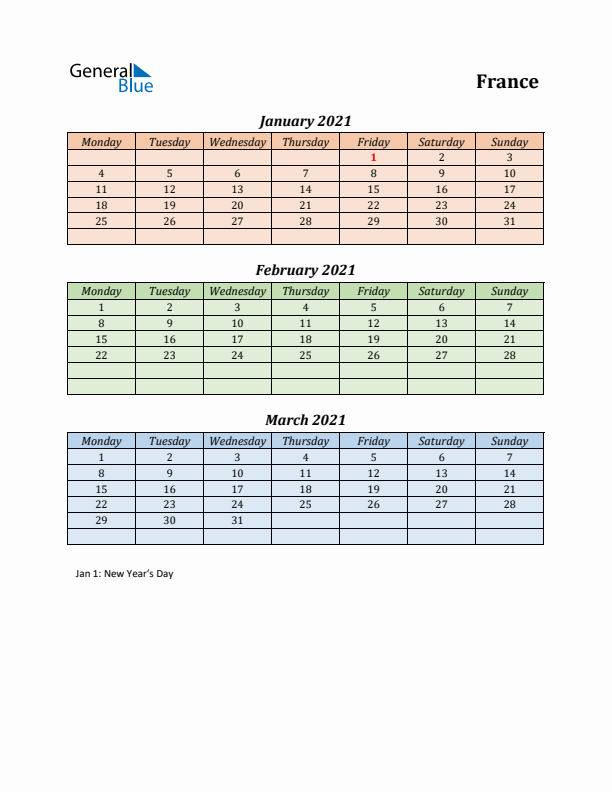 Q1 2021 Holiday Calendar - France