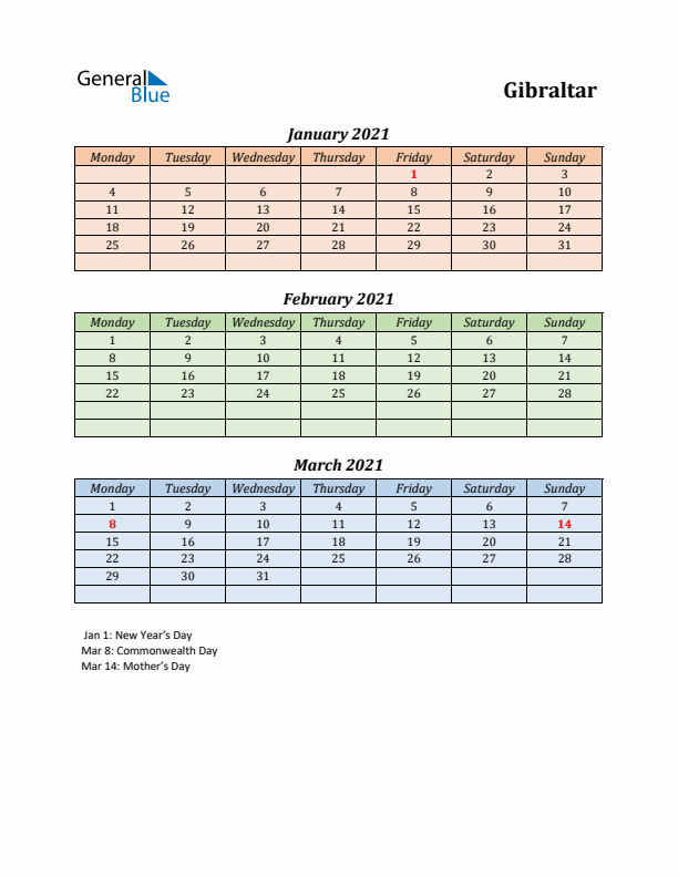 Q1 2021 Holiday Calendar - Gibraltar