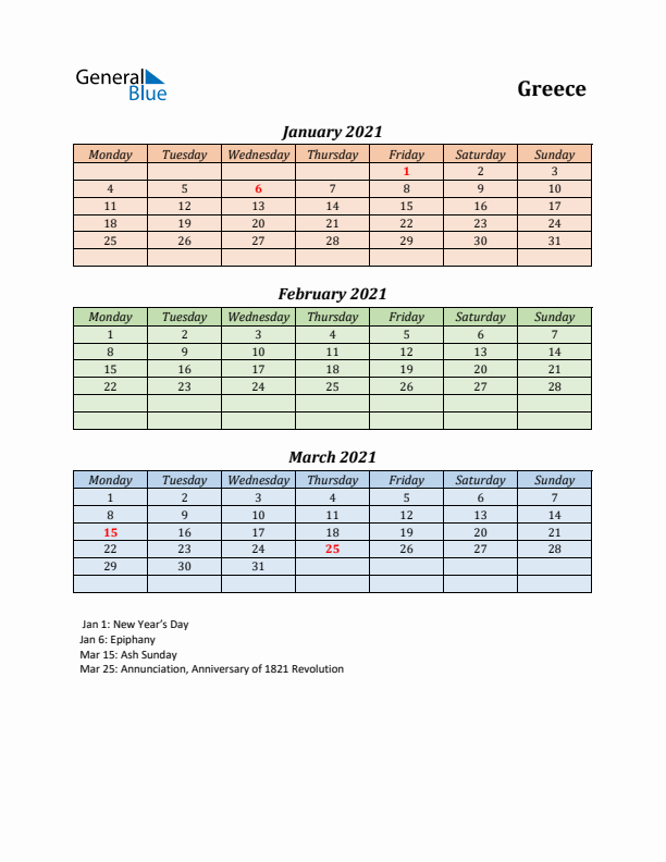 Q1 2021 Holiday Calendar - Greece