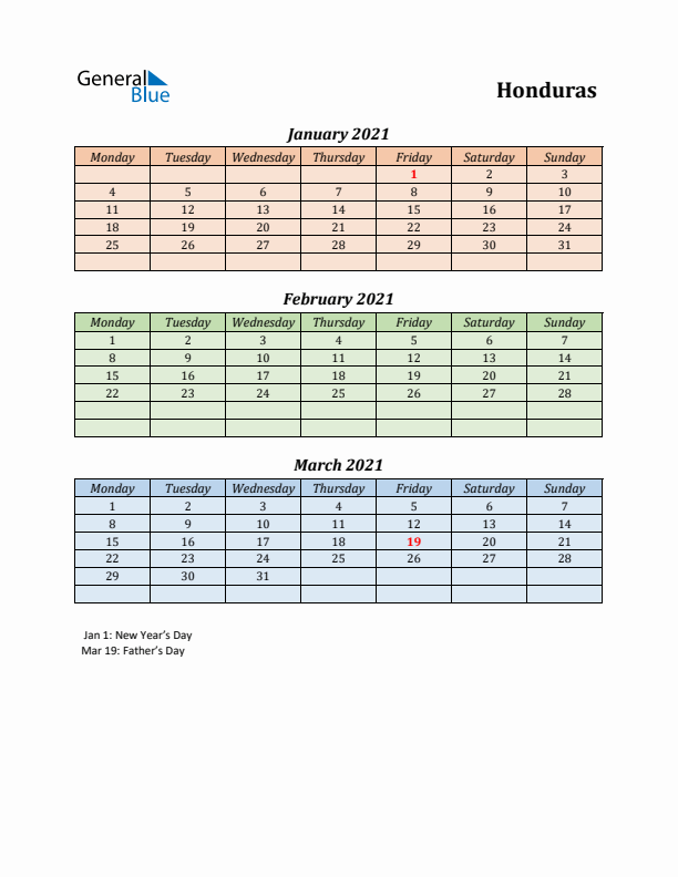 Q1 2021 Holiday Calendar - Honduras