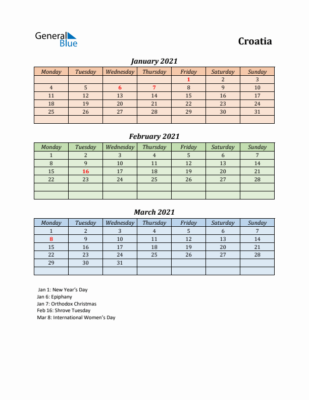 Q1 2021 Holiday Calendar - Croatia