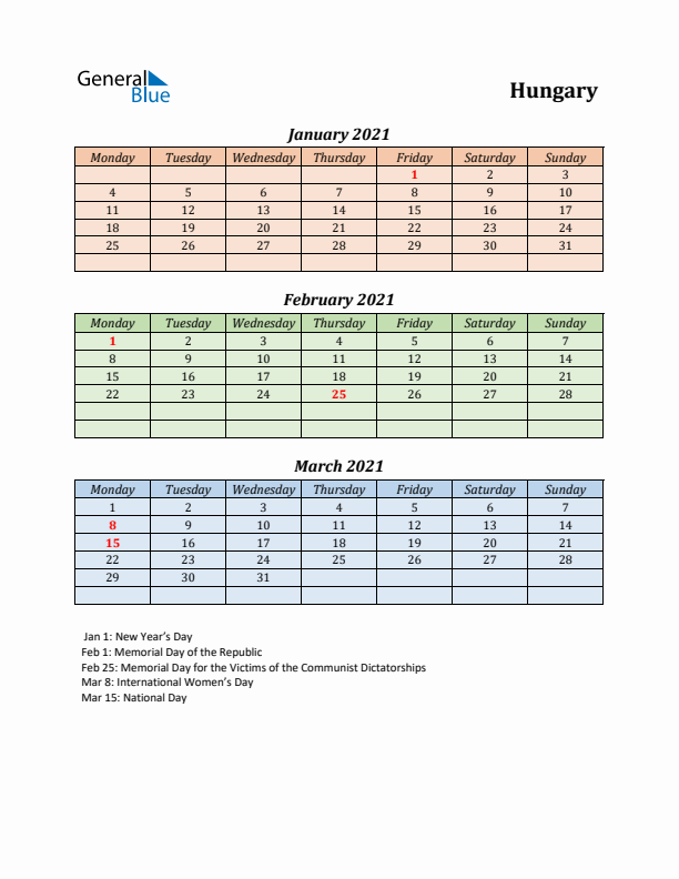 Q1 2021 Holiday Calendar - Hungary