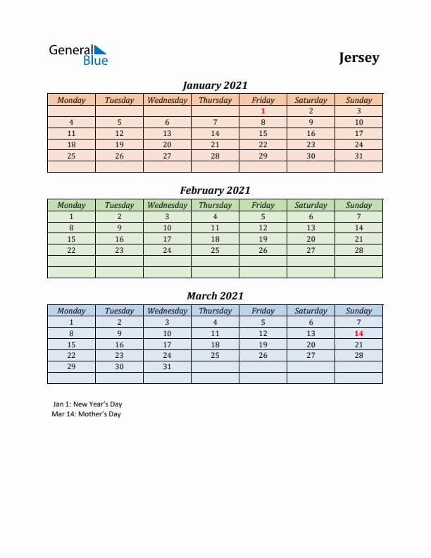 Q1 2021 Holiday Calendar - Jersey