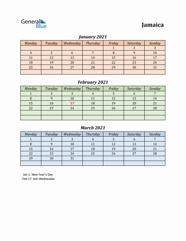 Q1 2021 Holiday Calendar - Jamaica