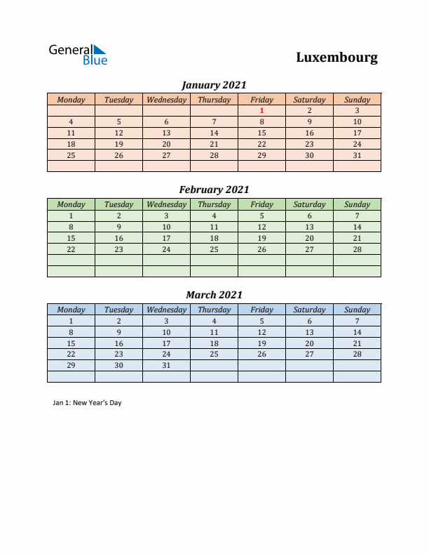 Q1 2021 Holiday Calendar - Luxembourg