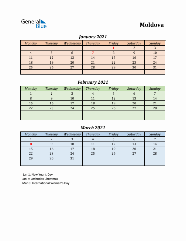 Q1 2021 Holiday Calendar - Moldova