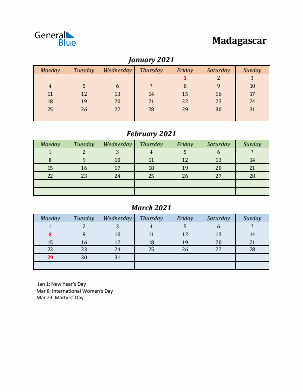 Q1 2021 Holiday Calendar - Madagascar