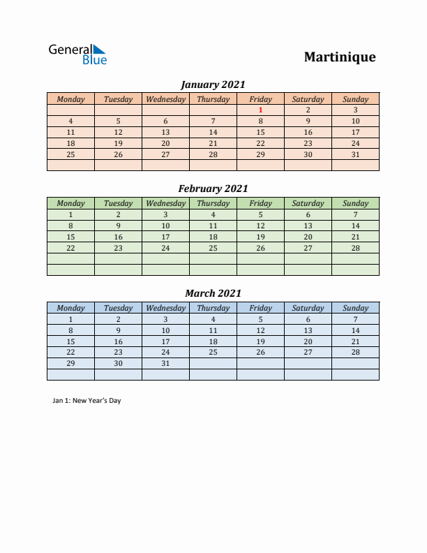 Q1 2021 Holiday Calendar - Martinique