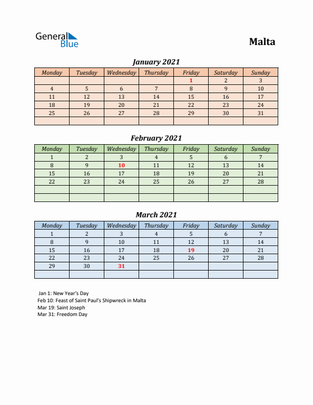 Q1 2021 Holiday Calendar - Malta