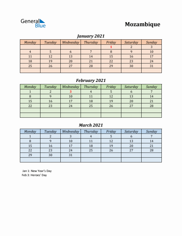 Q1 2021 Holiday Calendar - Mozambique