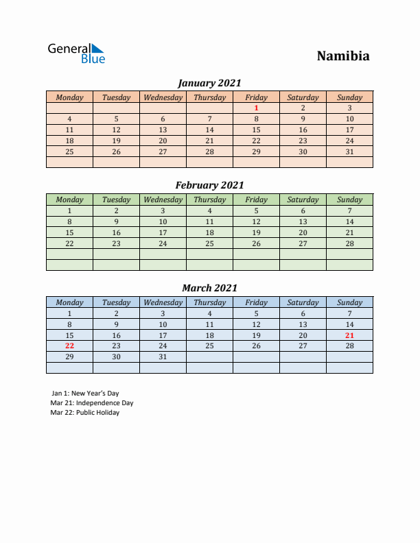 Q1 2021 Holiday Calendar - Namibia