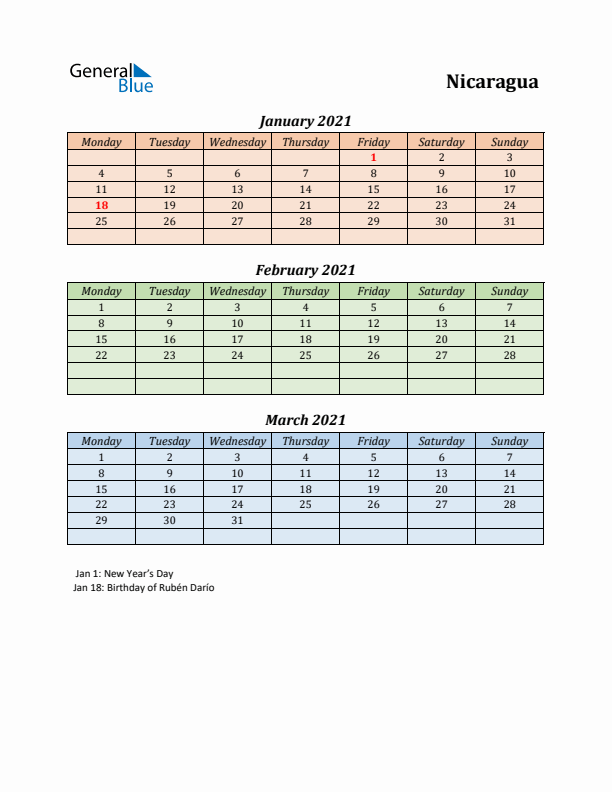 Q1 2021 Holiday Calendar - Nicaragua