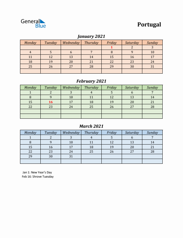 Q1 2021 Holiday Calendar - Portugal