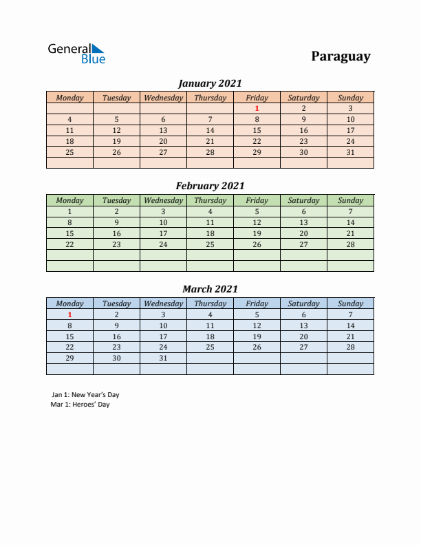 Q1 2021 Holiday Calendar - Paraguay