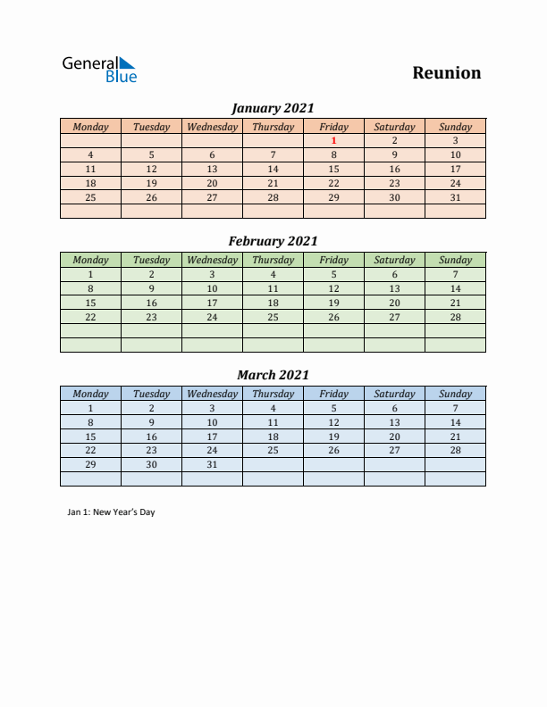 Q1 2021 Holiday Calendar - Reunion