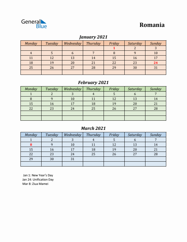 Q1 2021 Holiday Calendar - Romania