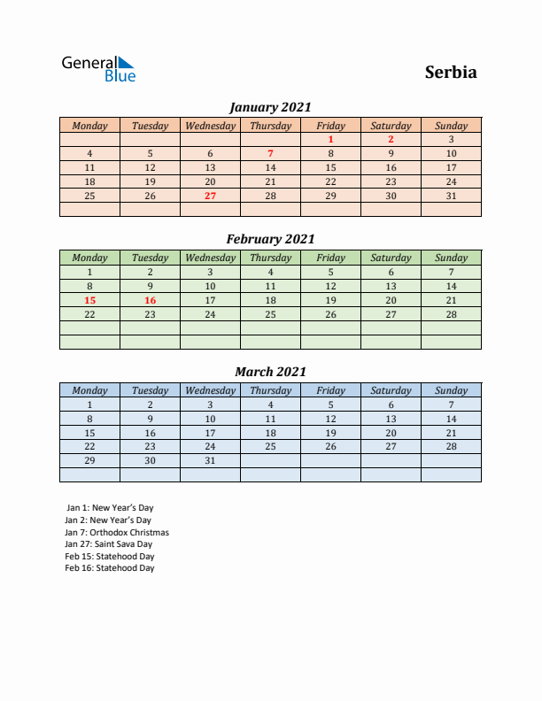 Q1 2021 Holiday Calendar - Serbia