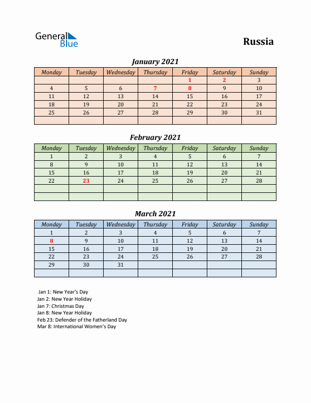 Q1 2021 Holiday Calendar - Russia