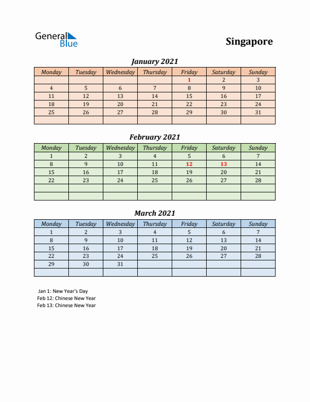 Q1 2021 Holiday Calendar - Singapore