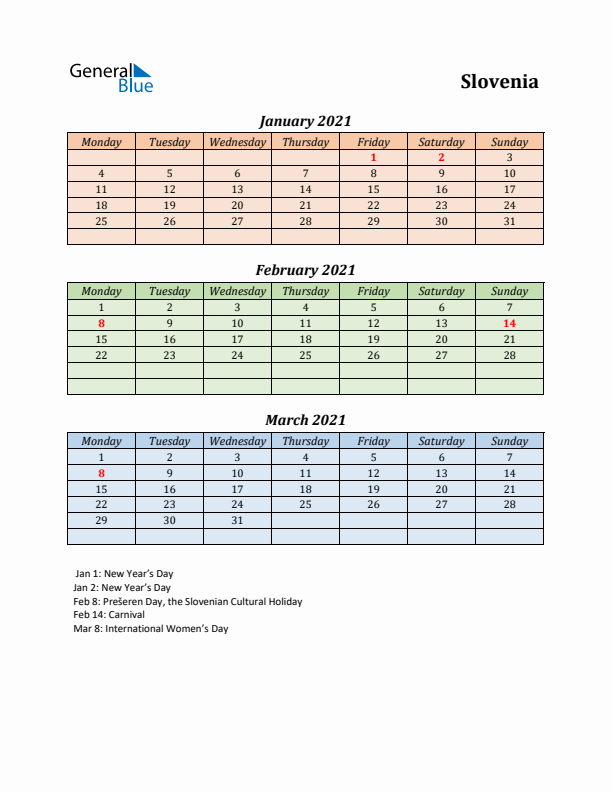 Q1 2021 Holiday Calendar - Slovenia