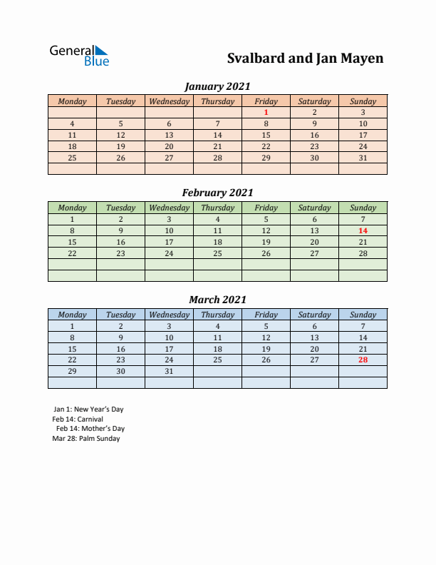 Q1 2021 Holiday Calendar - Svalbard and Jan Mayen