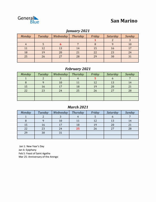 Q1 2021 Holiday Calendar - San Marino