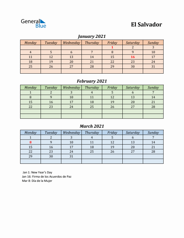 Q1 2021 Holiday Calendar - El Salvador