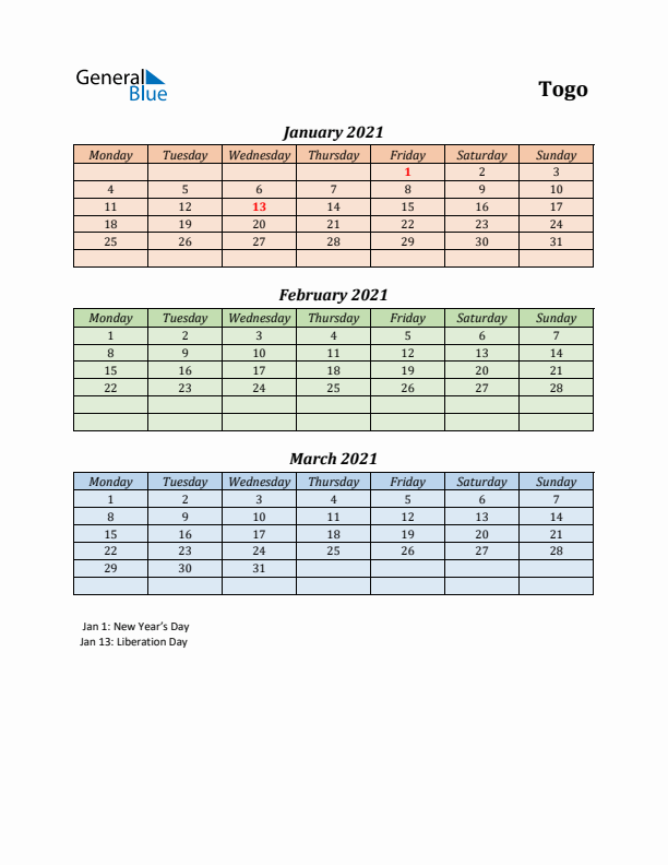 Q1 2021 Holiday Calendar - Togo