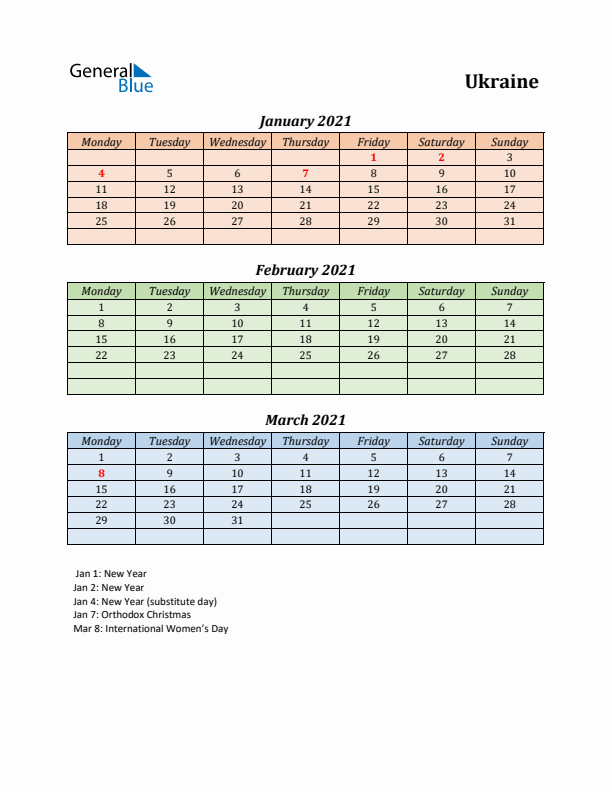 Q1 2021 Holiday Calendar - Ukraine