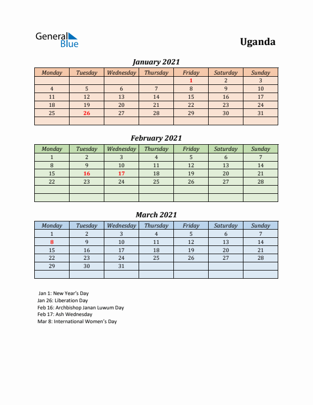 Q1 2021 Holiday Calendar - Uganda