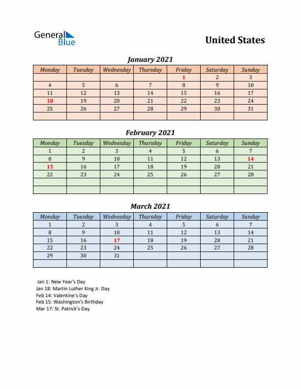 Q1 2021 Holiday Calendar - United States