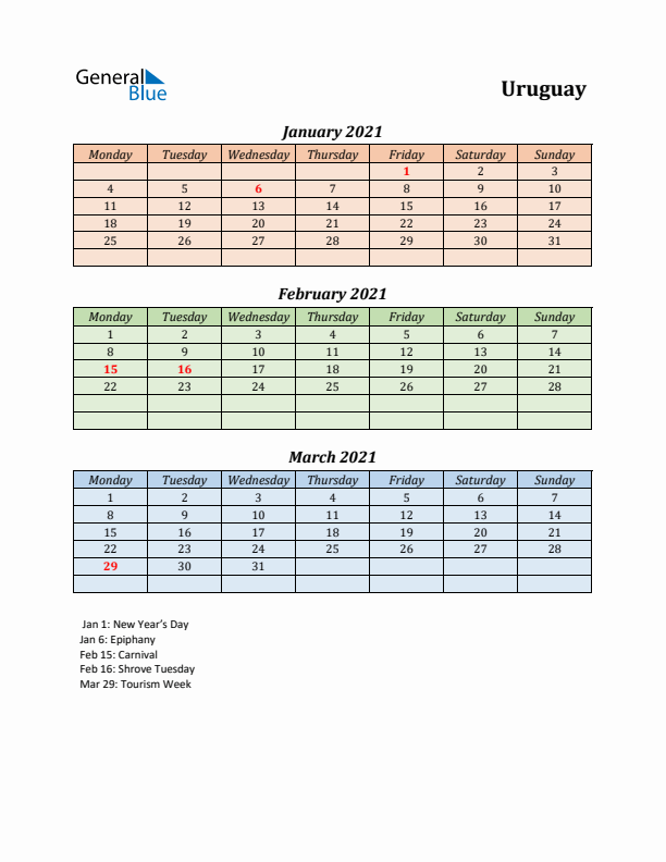 Q1 2021 Holiday Calendar - Uruguay