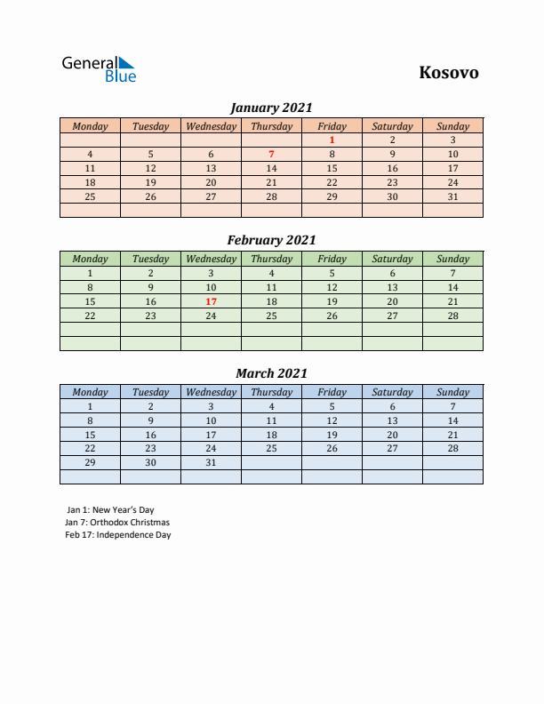 Q1 2021 Holiday Calendar - Kosovo