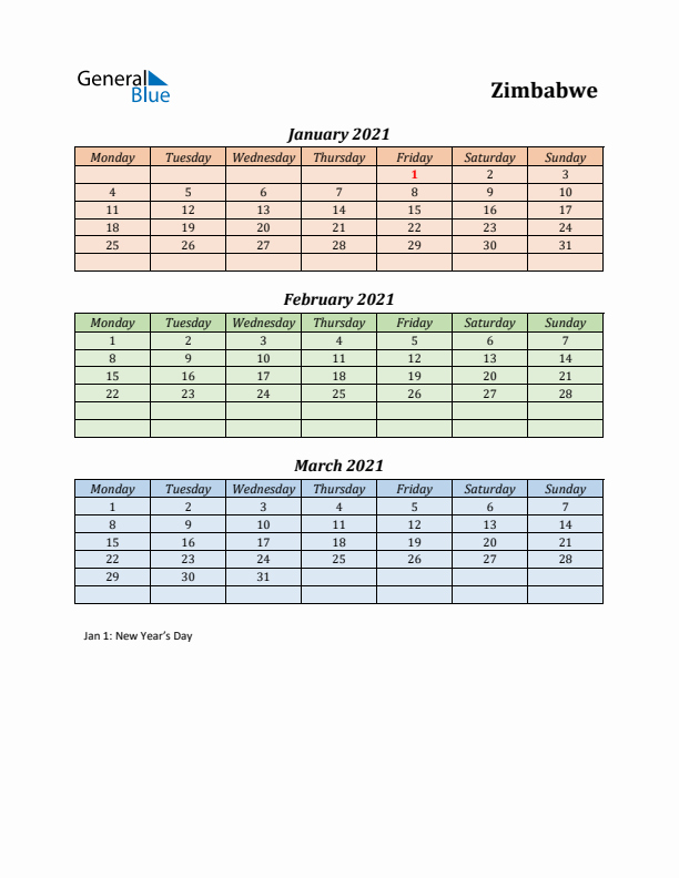 Q1 2021 Holiday Calendar - Zimbabwe