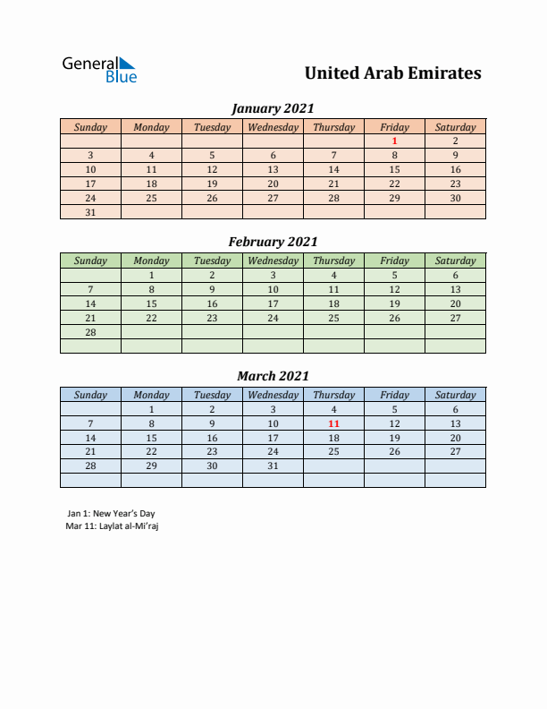 Q1 2021 Holiday Calendar - United Arab Emirates