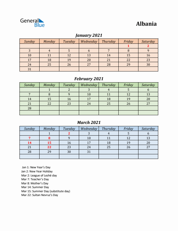 Q1 2021 Holiday Calendar - Albania