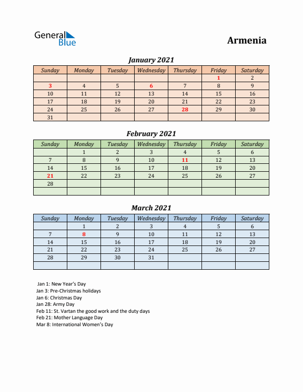 Q1 2021 Holiday Calendar - Armenia