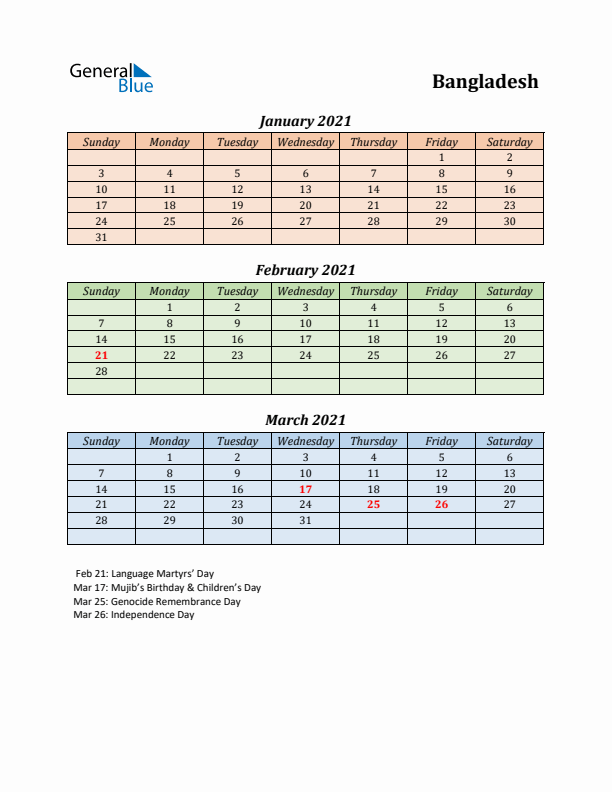 Q1 2021 Holiday Calendar - Bangladesh