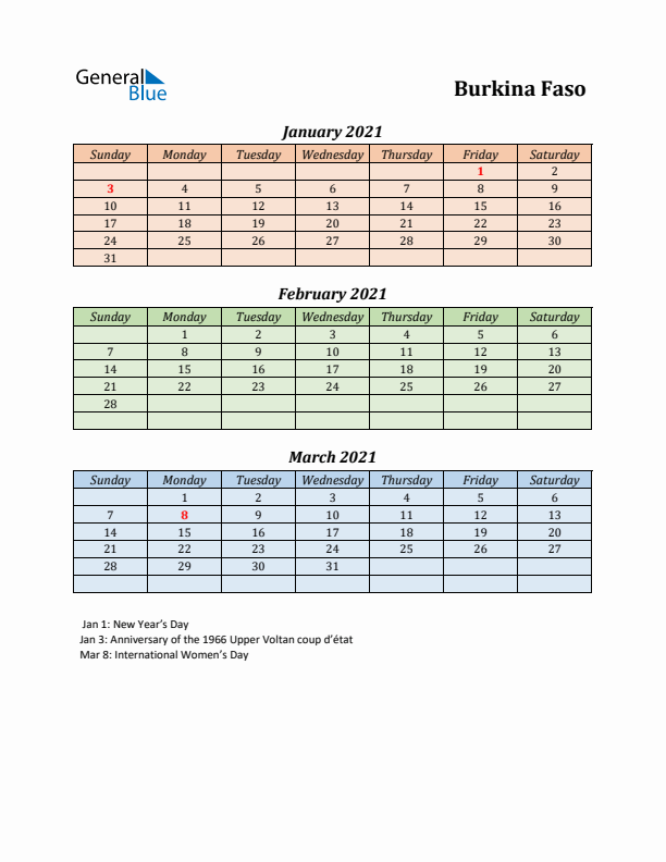 Q1 2021 Holiday Calendar - Burkina Faso