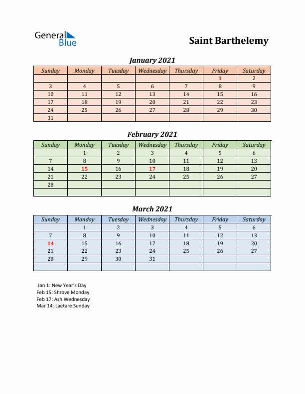 Q1 2021 Holiday Calendar - Saint Barthelemy