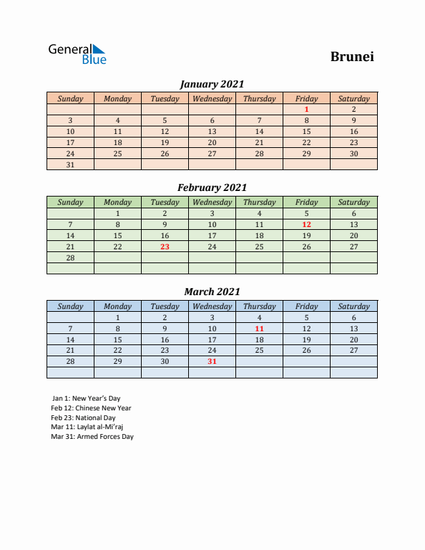 Q1 2021 Holiday Calendar - Brunei