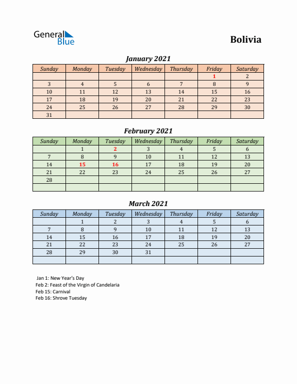 Q1 2021 Holiday Calendar - Bolivia