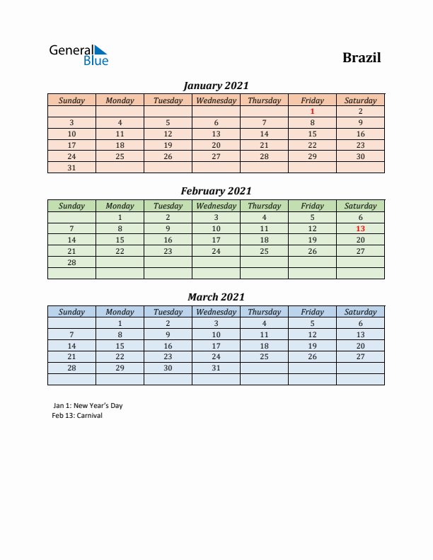 Q1 2021 Holiday Calendar - Brazil