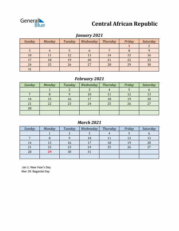 Q1 2021 Holiday Calendar - Central African Republic