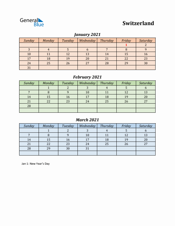 Q1 2021 Holiday Calendar - Switzerland