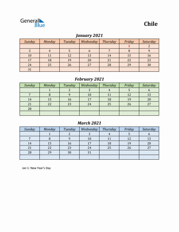 Q1 2021 Holiday Calendar - Chile